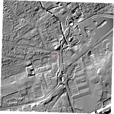 Shaded relief map of the ground around RM79RA, computed from Environment Agency LiDAR. The ground here sits at about 14 m above sea level and falls 13 m across the surrounding 800 m. Surface water reaching this point runs off ground lying to the south-south-west, 2.6 m higher.