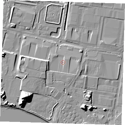 Shaded relief map of the ground around RM96BF, computed from Environment Agency LiDAR. The ground here sits at about 3 m above sea level and falls 30 m across the surrounding 800 m. Surface water reaching this point runs off ground lying to the south, 2.1 m higher.