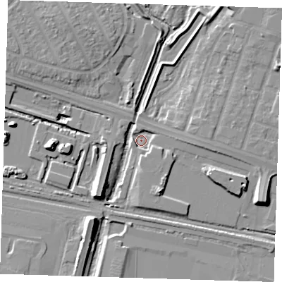 Shaded relief map of the ground around RM96DE, computed from Environment Agency LiDAR. The ground here sits at about 1 m above sea level and falls 12 m across the surrounding 800 m. Surface water reaching this point runs off ground lying to the east-south-east, 4.0 m higher.