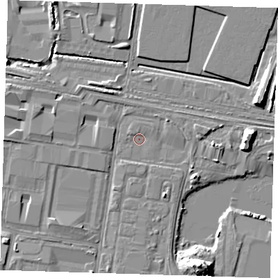 Shaded relief map of the ground around RM96EG, computed from Environment Agency LiDAR. The ground here sits at about 1 m above sea level and falls 14 m across the surrounding 800 m. Surface water reaching this point runs off ground lying to the east-north-east, 1.7 m higher.