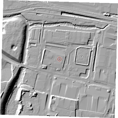 Shaded relief map of the ground around RM96FA, computed from Environment Agency LiDAR. The ground here sits at about 2 m above sea level and falls 21 m across the surrounding 800 m. The ground contributing surface water to this point lies to the south-south-east.