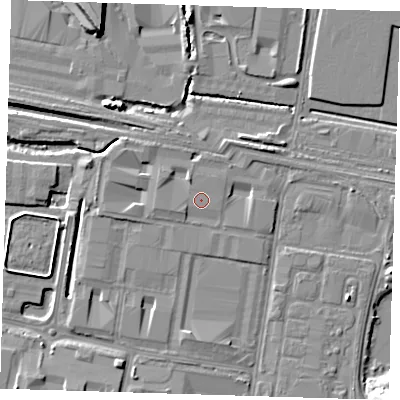 Shaded relief map of the ground around RM96FB, computed from Environment Agency LiDAR. The ground here sits at about 2 m above sea level and falls 16 m across the surrounding 800 m. The ground contributing surface water to this point lies to the west-north-west.