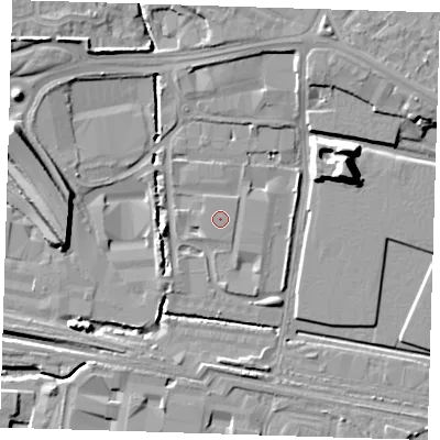 Shaded relief map of the ground around RM96FF, computed from Environment Agency LiDAR. The ground here sits at about 2 m above sea level and falls 13 m across the surrounding 800 m. The ground contributing surface water to this point lies to the west-north-west.