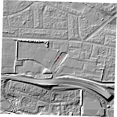 Shaded relief map of the ground around RM96FG, computed from Environment Agency LiDAR. The ground here sits at about 6 m above sea level and falls 10 m across the surrounding 800 m. Surface water reaching this point runs off ground lying to the north, 1.0 m higher.