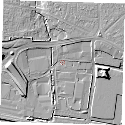 Shaded relief map of the ground around RM96FH, computed from Environment Agency LiDAR. The ground here sits at about 2 m above sea level and falls 14 m across the surrounding 800 m. Surface water reaching this point runs off ground lying to the north-east, 5.8 m higher.