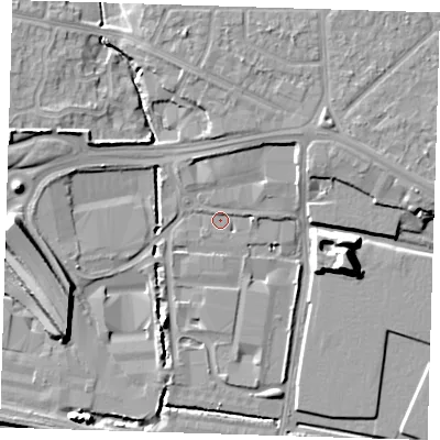 Shaded relief map of the ground around RM96FJ, computed from Environment Agency LiDAR. The ground here sits at about 2 m above sea level and falls 13 m across the surrounding 800 m. Surface water reaching this point runs off ground lying to the north-east, 5.8 m higher.