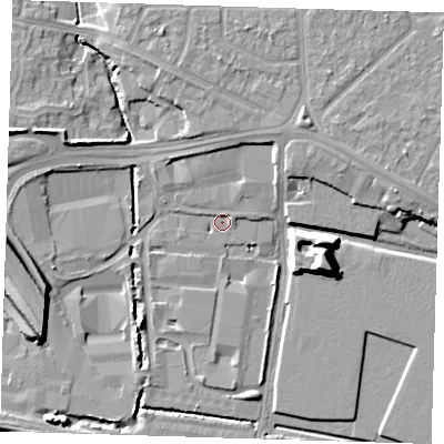 Shaded relief map of the ground around RM96FL, computed from Environment Agency LiDAR. The ground here sits at about 2 m above sea level and falls 12 m across the surrounding 800 m. Surface water reaching this point runs off ground lying to the north-north-east, 5.8 m higher.
