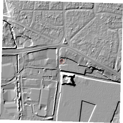 Shaded relief map of the ground around RM96FR, computed from Environment Agency LiDAR. The ground here sits at about 3 m above sea level and falls 12 m across the surrounding 800 m. Surface water reaching this point runs off ground lying to the north-east, 3.2 m higher.