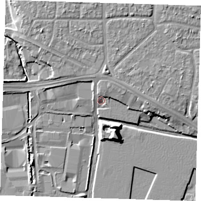 Shaded relief map of the ground around RM96FS, computed from Environment Agency LiDAR. The ground here sits at about 4 m above sea level and falls 12 m across the surrounding 800 m. Surface water reaching this point runs off ground lying to the north-north-east, 3.6 m higher.
