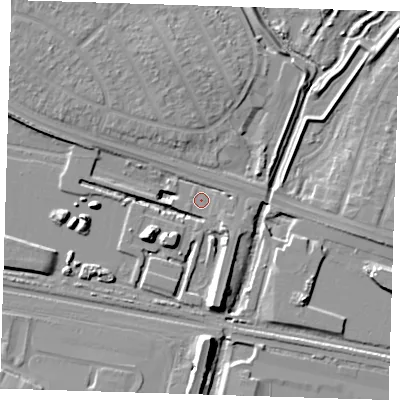 Shaded relief map of the ground around RM96FX, computed from Environment Agency LiDAR. The ground here sits at about 2 m above sea level and falls 12 m across the surrounding 800 m. Surface water reaching this point runs off ground lying to the west-north-west, 8.0 m higher.