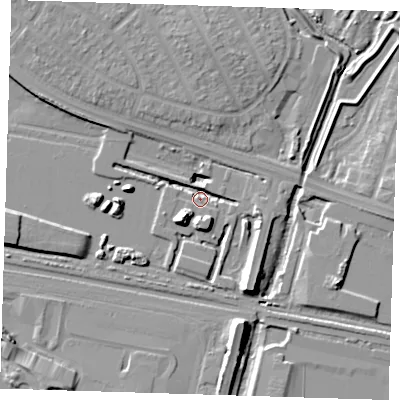Shaded relief map of the ground around RM96FY, computed from Environment Agency LiDAR. The ground here sits at about 2 m above sea level and falls 12 m across the surrounding 800 m. Surface water reaching this point runs off ground lying to the south-west, 10.6 m higher.