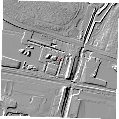 Shaded relief map of the ground around RM96FZ, computed from Environment Agency LiDAR. The ground here sits at about 2 m above sea level and falls 12 m across the surrounding 800 m. Surface water reaching this point runs off ground lying to the west-north-west, 6.9 m higher.