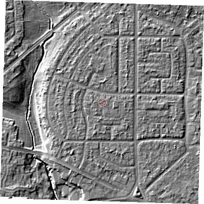 Shaded relief map of the ground around RM96GD, computed from Environment Agency LiDAR. The ground here sits at about 6 m above sea level and falls 7 m across the surrounding 800 m. The ground contributing surface water to this point lies to the west.