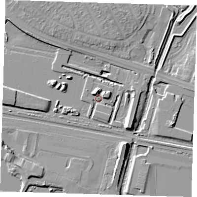Shaded relief map of the ground around RM96GF, computed from Environment Agency LiDAR. The ground here sits at about 2 m above sea level and falls 12 m across the surrounding 800 m. Surface water reaching this point runs off ground lying to the north-west, 8.3 m higher.