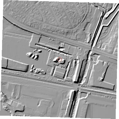 Shaded relief map of the ground around RM96GH, computed from Environment Agency LiDAR. The ground here sits at about 2 m above sea level and falls 12 m across the surrounding 800 m. Surface water reaching this point runs off ground lying to the west, 5.5 m higher.