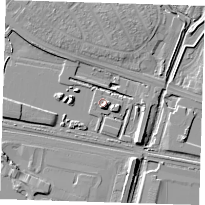 Shaded relief map of the ground around RM96GJ, computed from Environment Agency LiDAR. The ground here sits at about 2 m above sea level and falls 12 m across the surrounding 800 m. Surface water reaching this point runs off ground lying to the south-east, 5.7 m higher.