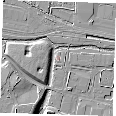 Shaded relief map of the ground around RM96GQ, computed from Environment Agency LiDAR. The ground here sits at about 2 m above sea level and falls 22 m across the surrounding 800 m. Surface water reaching this point runs off ground lying to the east-south-east, 1.7 m higher.