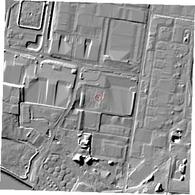 Shaded relief map of the ground around RM96LB, computed from Environment Agency LiDAR. The ground here sits at about 2 m above sea level and falls 21 m across the surrounding 800 m. Surface water reaching this point runs off ground lying to the west, 2.1 m higher.