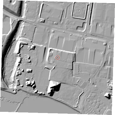 Shaded relief map of the ground around RM96LF, computed from Environment Agency LiDAR. The ground here sits at about 7 m above sea level and falls 30 m across the surrounding 800 m. Surface water reaching this point runs off ground lying to the south-south-west, 1.3 m higher.