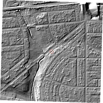 Shaded relief map of the ground around RM96LH, computed from Environment Agency LiDAR. The ground here sits at about 5 m above sea level and falls 10 m across the surrounding 800 m. Surface water reaching this point runs off ground lying to the north-north-east, 6.9 m higher.