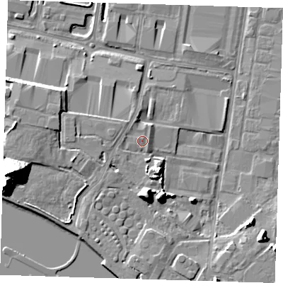 Shaded relief map of the ground around RM96LN, computed from Environment Agency LiDAR. The ground here sits at about 4 m above sea level and falls 30 m across the surrounding 800 m. Surface water reaching this point runs off ground lying to the north-west, 1.2 m higher.