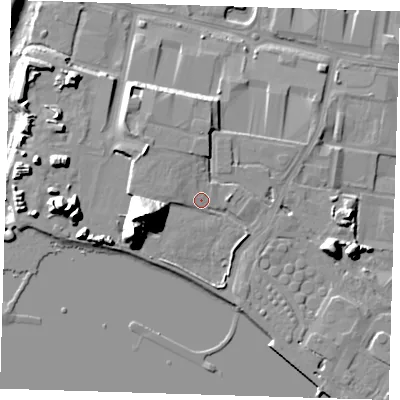 Shaded relief map of the ground around RM96LP, computed from Environment Agency LiDAR. The ground here sits at about 6 m above sea level and falls 30 m across the surrounding 800 m. Surface water reaching this point runs off ground lying to the west-south-west, 23.8 m higher.