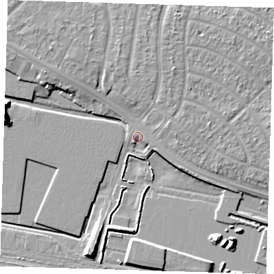 Shaded relief map of the ground around RM96PE, computed from Environment Agency LiDAR. The ground here sits at about 3 m above sea level and falls 12 m across the surrounding 800 m. Surface water reaching this point runs off ground lying to the east-south-east, 1.5 m higher.
