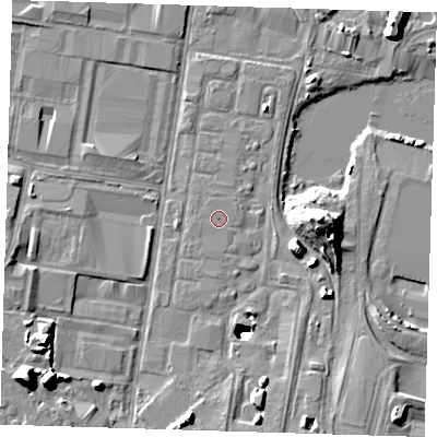Shaded relief map of the ground around RM96PF, computed from Environment Agency LiDAR. The ground here sits at about 2 m above sea level and falls 23 m across the surrounding 800 m. The ground contributing surface water to this point lies to the north-east.