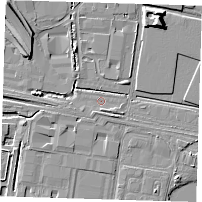 Shaded relief map of the ground around RM96PR, computed from Environment Agency LiDAR. The ground here sits at about 1 m above sea level and falls 13 m across the surrounding 800 m. Surface water reaching this point runs off ground lying to the south-east, 1.8 m higher.