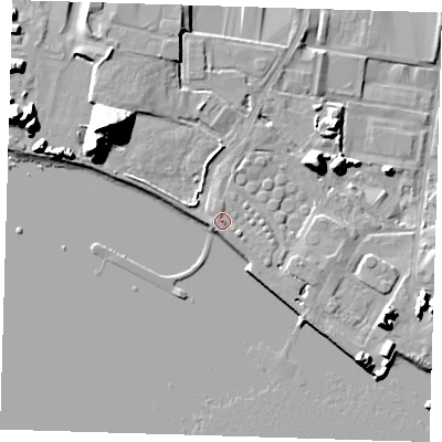 Shaded relief map of the ground around RM96PU, computed from Environment Agency LiDAR. The ground here sits at about 6 m above sea level and falls 28 m across the surrounding 800 m. Surface water reaching this point runs off ground lying to the south-east, 1.0 m higher.