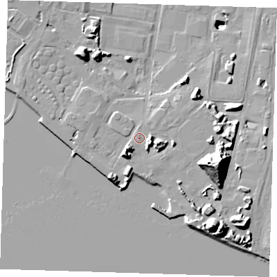 Shaded relief map of the ground around RM96QD, computed from Environment Agency LiDAR. The ground here sits at about 5 m above sea level and falls 35 m across the surrounding 800 m. Surface water reaching this point runs off ground lying to the south-west, 7.6 m higher.