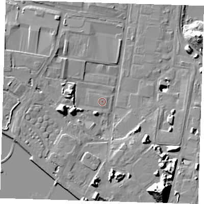 Shaded relief map of the ground around RM96QJ, computed from Environment Agency LiDAR. The ground here sits at about 2 m above sea level and falls 35 m across the surrounding 800 m. Surface water reaching this point runs off ground lying to the west-south-west, 8.2 m higher.