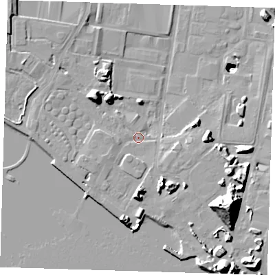 Shaded relief map of the ground around RM96RA, computed from Environment Agency LiDAR. The ground here sits at about 3 m above sea level and falls 35 m across the surrounding 800 m. Surface water reaching this point runs off ground lying to the west-south-west, 2.6 m higher.