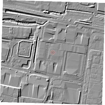 Shaded relief map of the ground around RM96RH, computed from Environment Agency LiDAR. The ground here sits at about 2 m above sea level and falls 15 m across the surrounding 800 m. The ground contributing surface water to this point lies to the south-south-east.