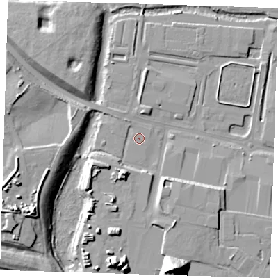 Shaded relief map of the ground around RM96RJ, computed from Environment Agency LiDAR. The ground here sits at about 2 m above sea level and falls 30 m across the surrounding 800 m. Surface water reaching this point runs off ground lying to the north-west, 2.1 m higher.