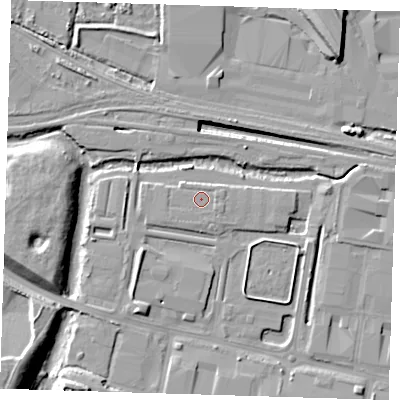 Shaded relief map of the ground around RM96RL, computed from Environment Agency LiDAR. The ground here sits at about 2 m above sea level and falls 18 m across the surrounding 800 m. Surface water reaching this point runs off ground lying to the south-east, 0.8 m higher.