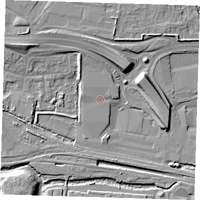 Shaded relief map of the ground around RM96RS, computed from Environment Agency LiDAR. The ground here sits at about 3 m above sea level and falls 16 m across the surrounding 800 m. Surface water reaching this point runs off ground lying to the north-west, 1.4 m higher.