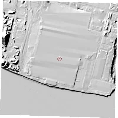 Shaded relief map of the ground around RM96SA, computed from Environment Agency LiDAR. The ground here sits at about 7 m above sea level and falls 25 m across the surrounding 800 m. The ground contributing surface water to this point lies to the south.