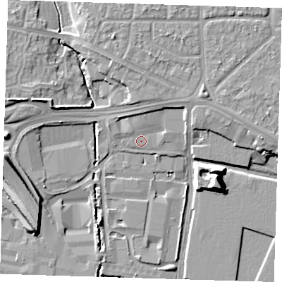Shaded relief map of the ground around RM96SJ, computed from Environment Agency LiDAR. The ground here sits at about 3 m above sea level and falls 12 m across the surrounding 800 m. Surface water reaching this point runs off ground lying to the north-east, 3.6 m higher.