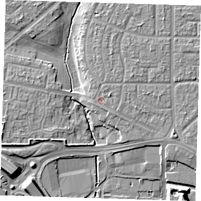 Shaded relief map of the ground around RM96UP, computed from Environment Agency LiDAR. The ground here sits at about 6 m above sea level and falls 11 m across the surrounding 800 m. Surface water reaching this point runs off ground lying to the east-north-east, 1.7 m higher.