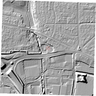 Shaded relief map of the ground around RM96UU, computed from Environment Agency LiDAR. The ground here sits at about 4 m above sea level and falls 11 m across the surrounding 800 m. Surface water reaching this point runs off ground lying to the north-north-east, 3.2 m higher.