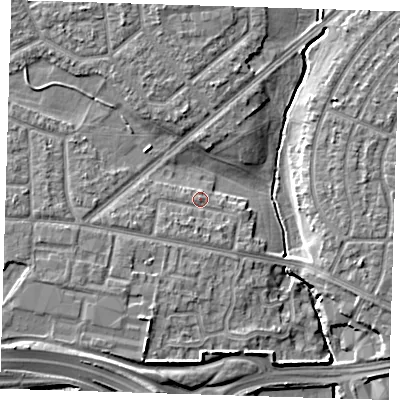 Shaded relief map of the ground around RM96XJ, computed from Environment Agency LiDAR. The ground here sits at about 5 m above sea level and falls 8 m across the surrounding 800 m. Surface water reaching this point runs off ground lying to the west-south-west, 2.4 m higher.