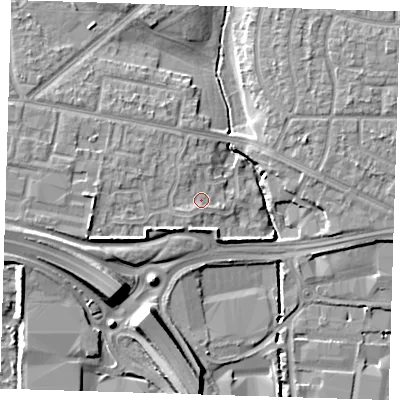 Shaded relief map of the ground around RM96XY, computed from Environment Agency LiDAR. The ground here sits at about 5 m above sea level and falls 10 m across the surrounding 800 m. Surface water reaching this point runs off ground lying to the west, 2.0 m higher.