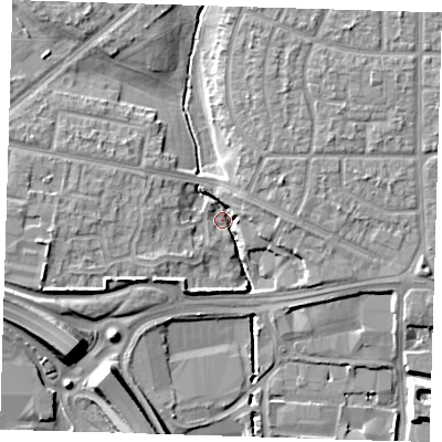 Shaded relief map of the ground around RM96XZ, computed from Environment Agency LiDAR. The ground here sits at about 2 m above sea level and falls 10 m across the surrounding 800 m. Surface water reaching this point runs off ground lying to the west, 7.2 m higher.