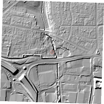 Shaded relief map of the ground around RM96YD, computed from Environment Agency LiDAR. The ground here sits at about 3 m above sea level and falls 11 m across the surrounding 800 m. Surface water reaching this point runs off ground lying to the west, 7.2 m higher.