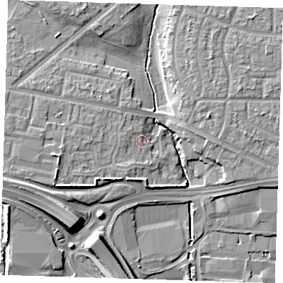 Shaded relief map of the ground around RM96YE, computed from Environment Agency LiDAR. The ground here sits at about 5 m above sea level and falls 10 m across the surrounding 800 m. Surface water reaching this point runs off ground lying to the west, 3.6 m higher.