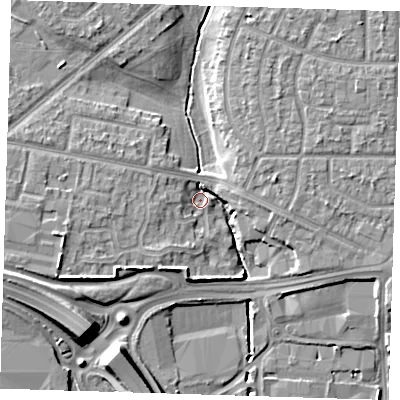 Shaded relief map of the ground around RM96YG, computed from Environment Agency LiDAR. The ground here sits at about 2 m above sea level and falls 10 m across the surrounding 800 m. Surface water reaching this point runs off ground lying to the south-south-west, 6.8 m higher.