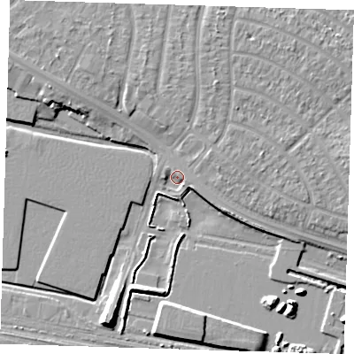 Shaded relief map of the ground around RM96YJ, computed from Environment Agency LiDAR. The ground here sits at about 3 m above sea level and falls 10 m across the surrounding 800 m. Surface water reaching this point runs off ground lying to the east, 2.5 m higher.