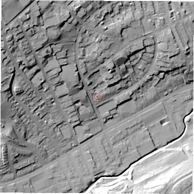 Shaded relief map of the ground around S102BR, computed from Environment Agency LiDAR. The ground here sits at about 92 m above sea level and falls 58 m across the surrounding 800 m. Surface water reaching this point runs off ground lying to the west-north-west, 15.9 m higher.