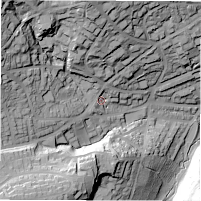Shaded relief map of the ground around S103GF, computed from Environment Agency LiDAR. The ground here sits at about 158 m above sea level and falls 83 m across the surrounding 800 m. Surface water reaching this point runs off ground lying to the north-west, 59.2 m higher.